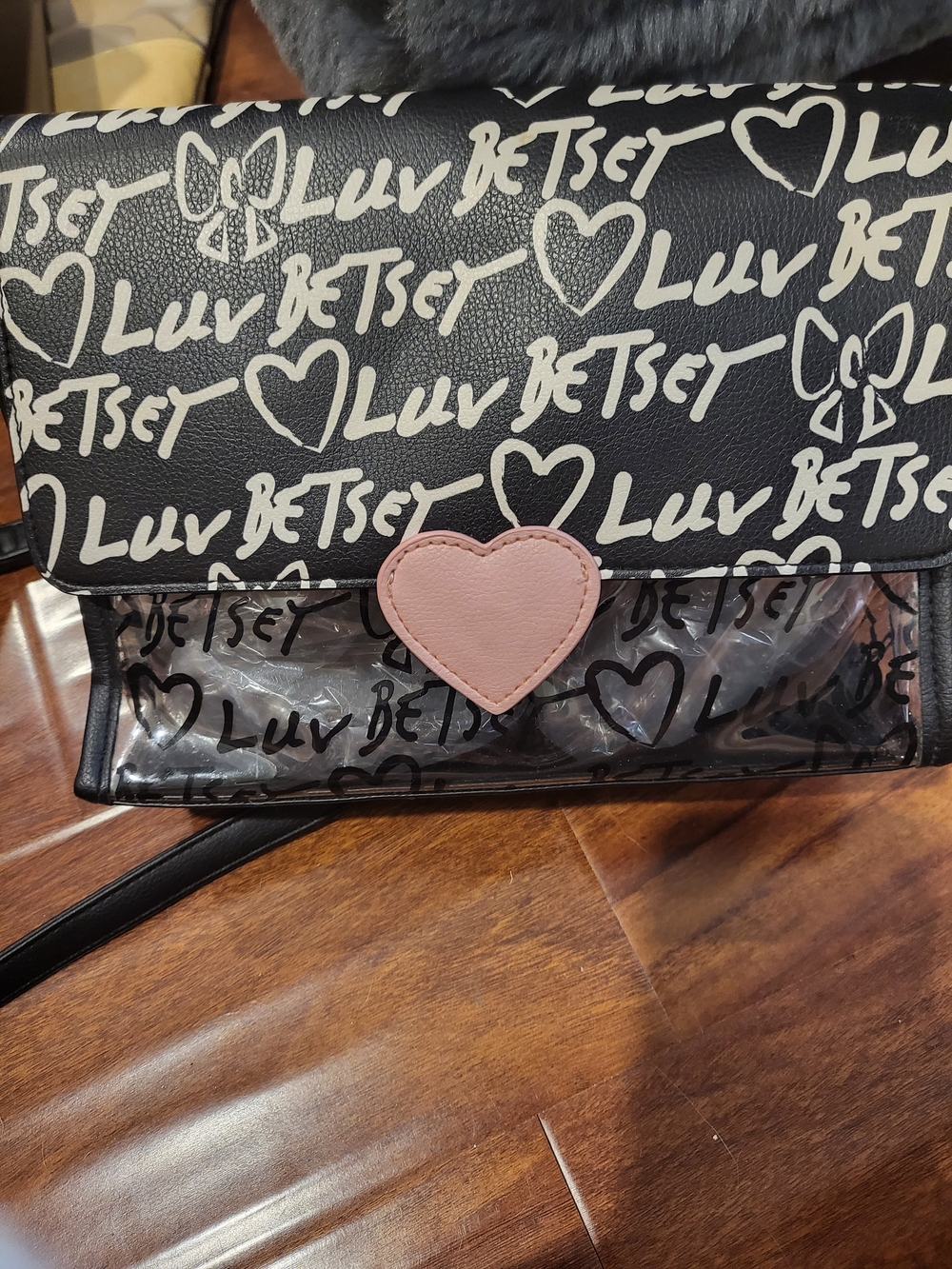 Betsey Johnson Black Crossbody Bag with Pink Heart Accent